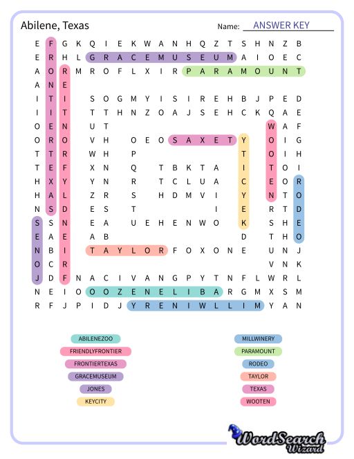 Abilene, Texas Word Search Puzzle