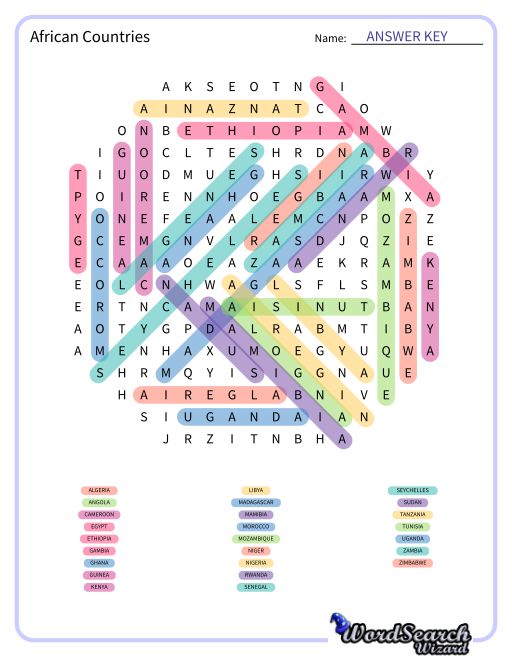 African Countries Word Search Puzzle