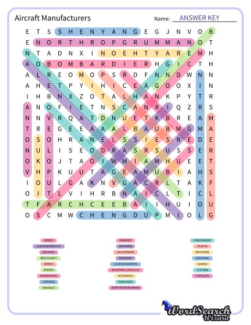 Aircraft Manufacturers Word Search Puzzle