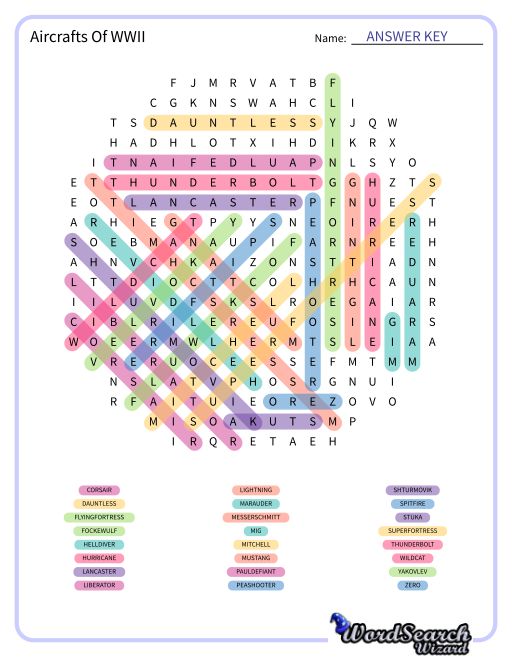 Aircrafts Of WWII Word Search Puzzle