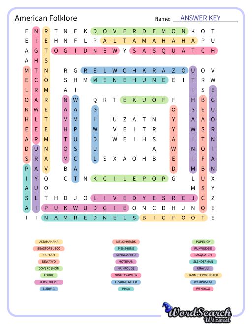 American Folklore Word Search Puzzle