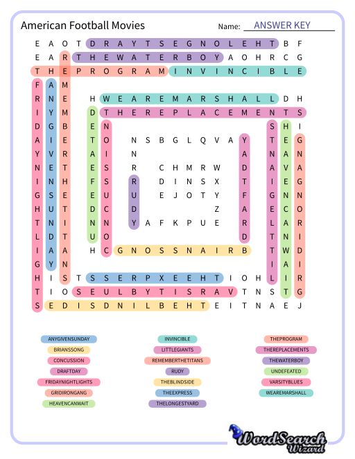 American Football Movies Word Search Puzzle