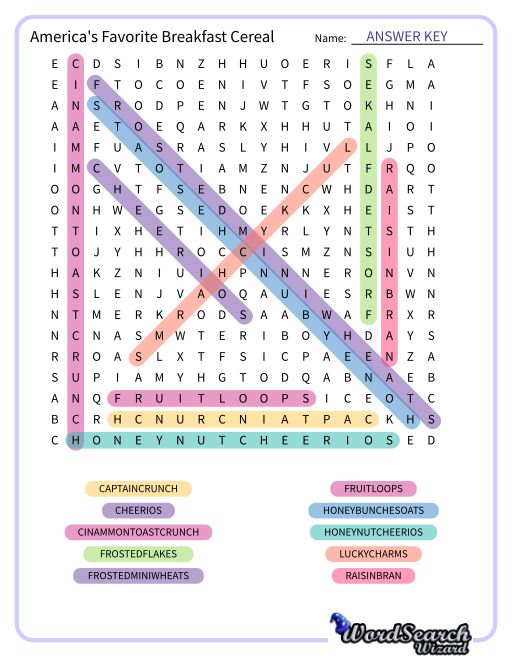 America's Favorite Breakfast Cereal Word Search Puzzle