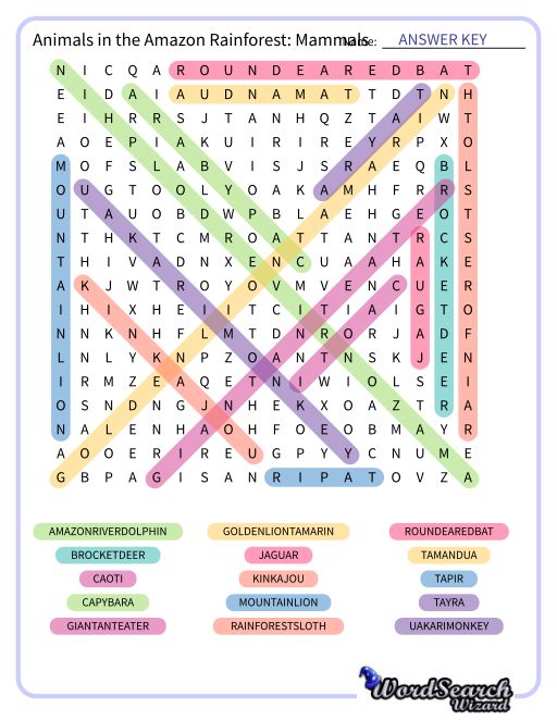 Animals in the Amazon Rainforest: Mammals Word Search Puzzle