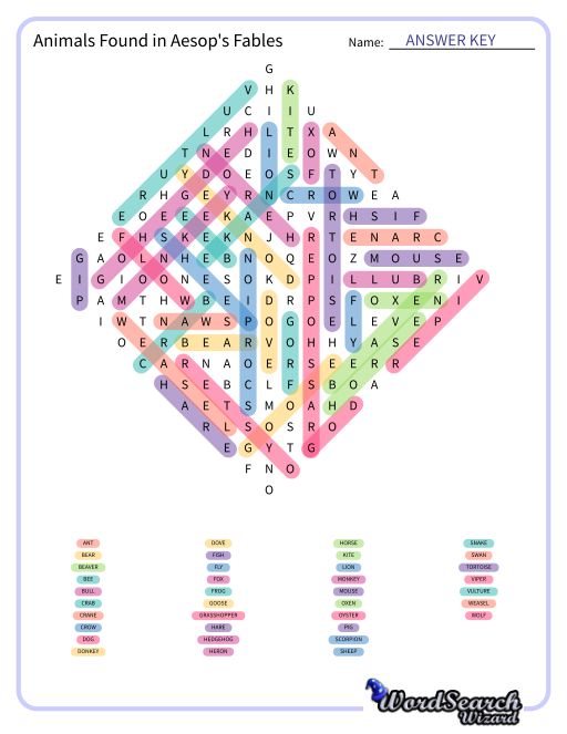 Animals Found in Aesop's Fables Word Search Puzzle