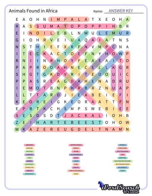 Animals Found in Africa Word Search Puzzle