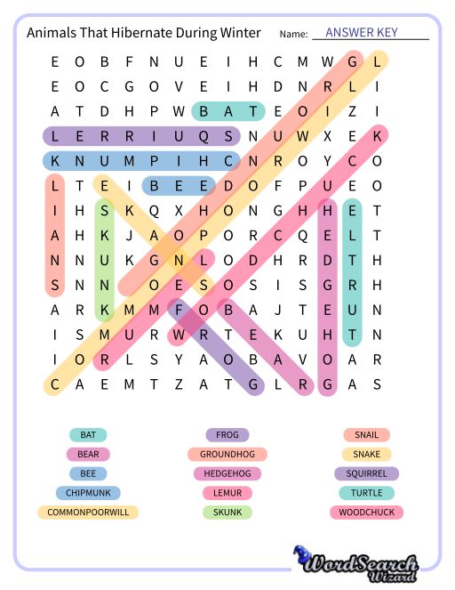 Animals That Hibernate During Winter Word Search Puzzle