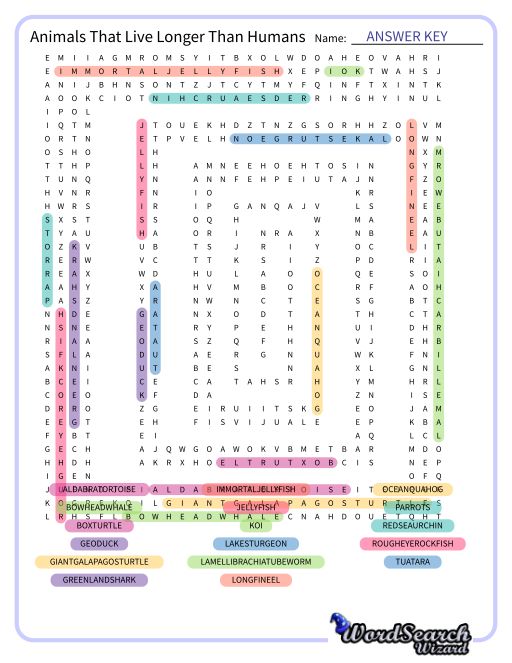 Animals That Live Longer Than Humans Word Search Puzzle