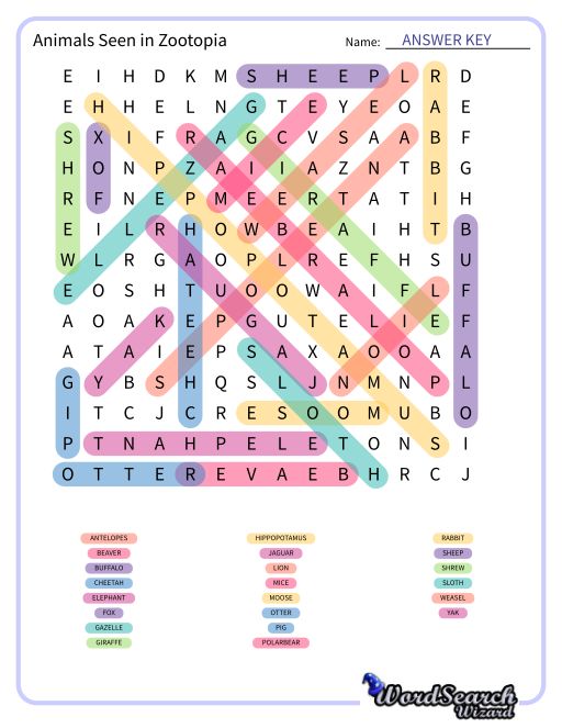 Animals Seen in Zootopia Word Search Puzzle