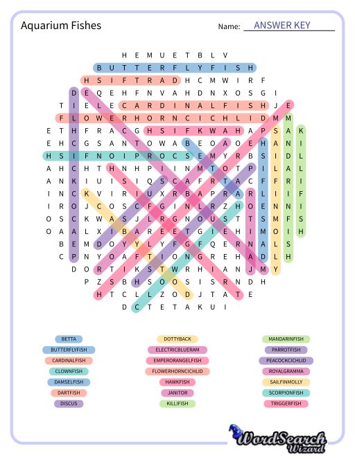 Aquarium Fishes Word Search Puzzle