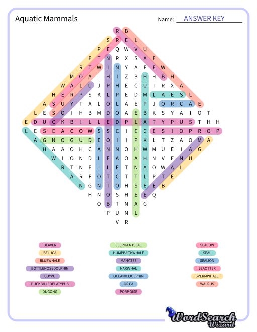 Aquatic Mammals Word Search Puzzle