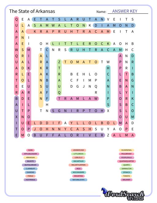 The State of Arkansas Word Search Puzzle