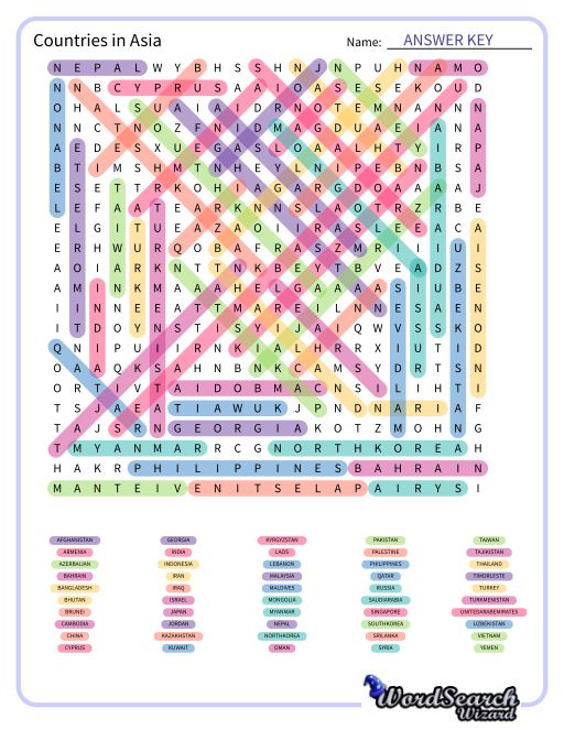 Countries in Asia Word Search Puzzle