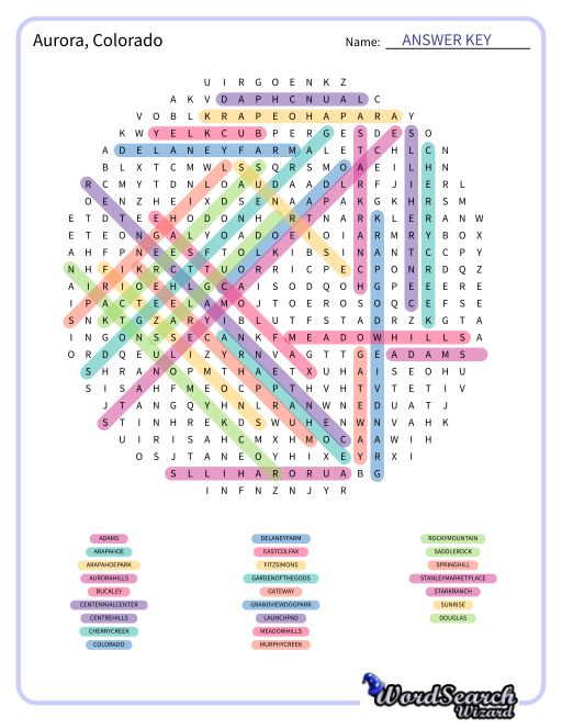 Aurora, Colorado Word Search Puzzle