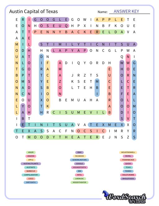 Austin Capital of Texas Word Search Puzzle