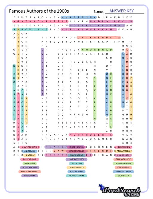 Famous Authors of the 1900s Word Search Puzzle