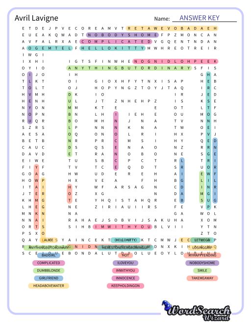 Avril Lavigne Word Search Puzzle