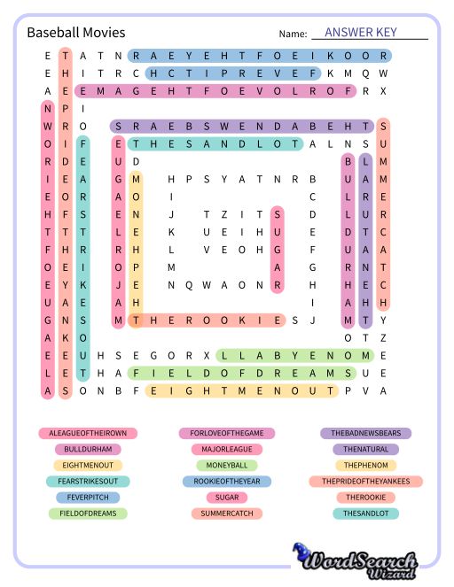 Baseball Movies Word Search Puzzle