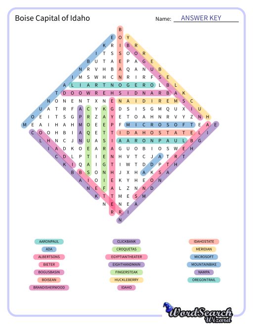 Boise Capital of Idaho Word Search Puzzle