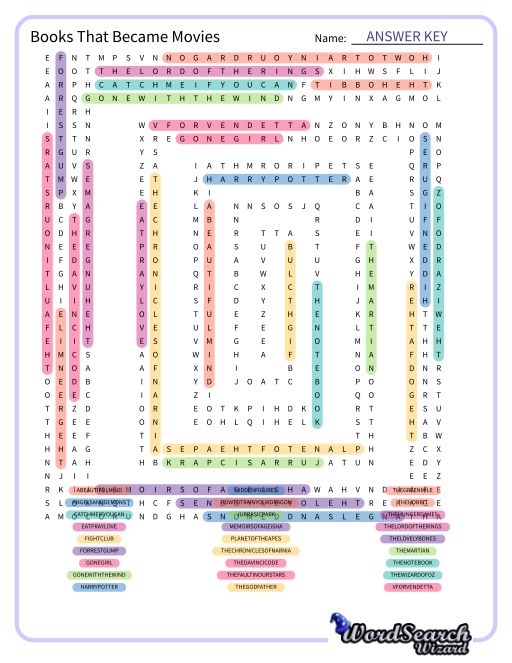 Books That Became Movies Word Search Puzzle