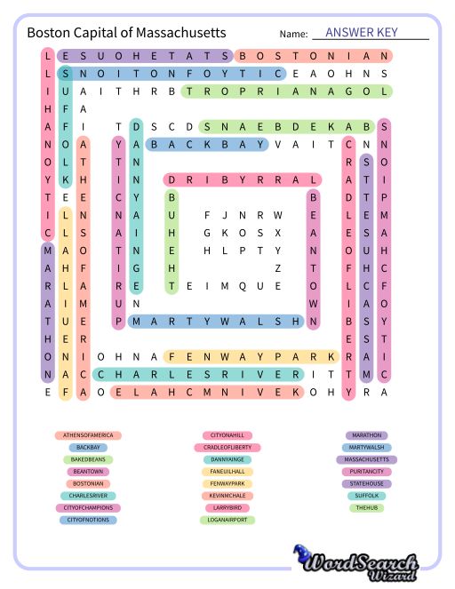 Boston Capital of Massachusetts Word Search Puzzle