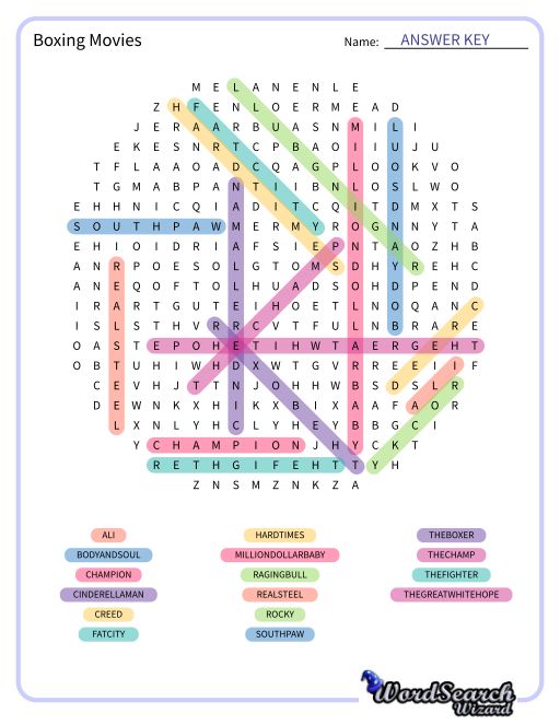 Boxing Movies Word Search Puzzle