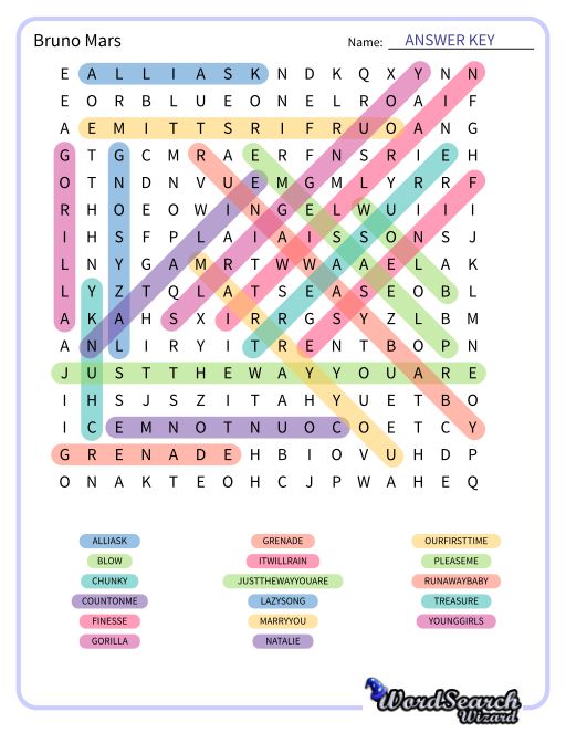 Bruno Mars Word Search Puzzle