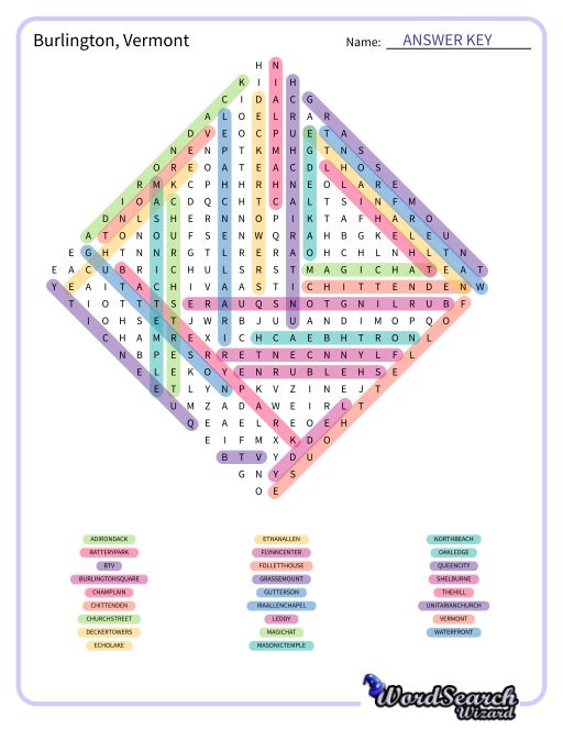 Burlington, Vermont Word Search Puzzle