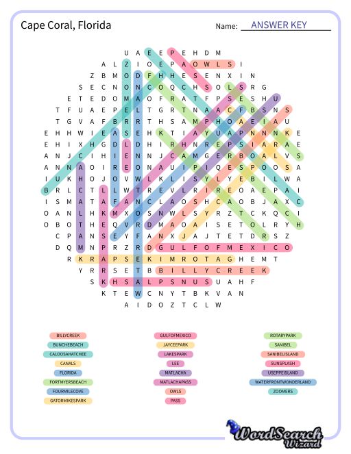 Cape Coral, Florida Word Search Puzzle