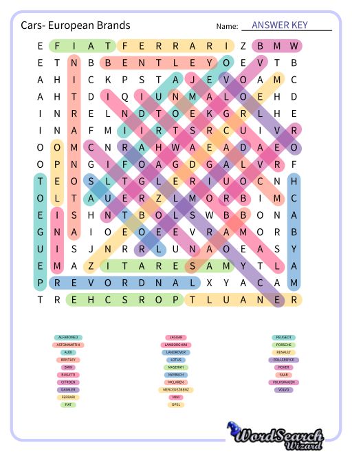 Cars- European Brands Word Search Puzzle