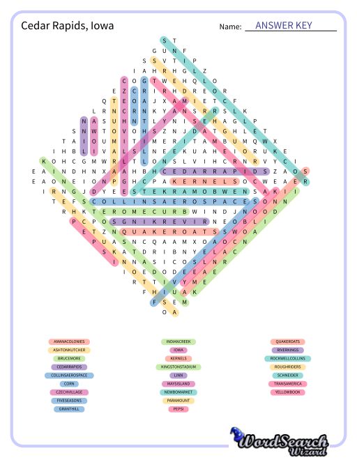 Cedar Rapids, Iowa Word Search Puzzle