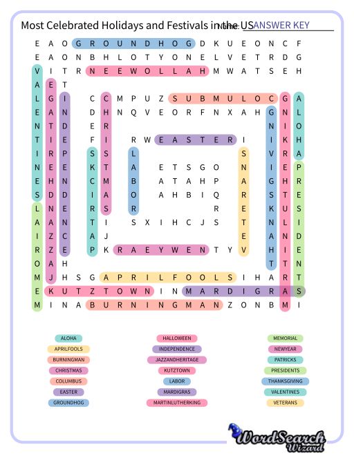 Most Celebrated Holidays and Festivals in the US Word Search Puzzle