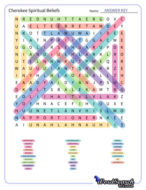 Cherokee Spiritual Beliefs Word Search Puzzle