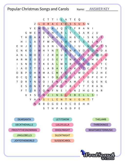 Popular Christmas Songs and Carols Word Search Puzzle