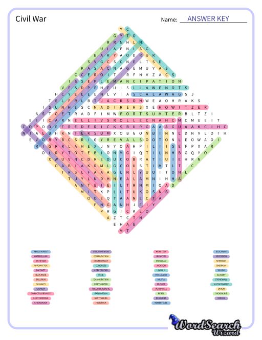 Civil War Word Search Puzzle