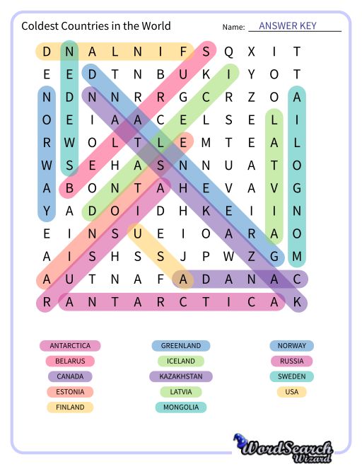 Coldest Countries in the World Word Search Puzzle