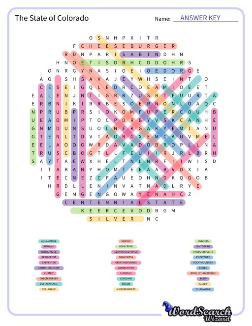 The State of Colorado Word Search Puzzle