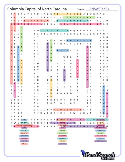 Columbia Capital of North Carolina Word Search Puzzle