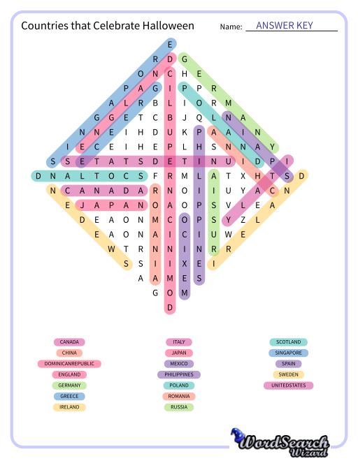 Countries that Celebrate Halloween Word Search Puzzle