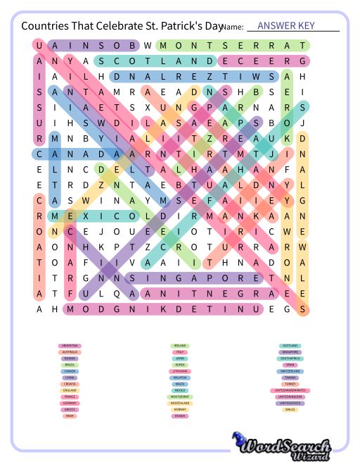 Countries That Celebrate St. Patrick's Day Word Search Puzzle