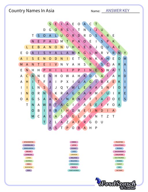 Country Names In Asia Word Search Puzzle