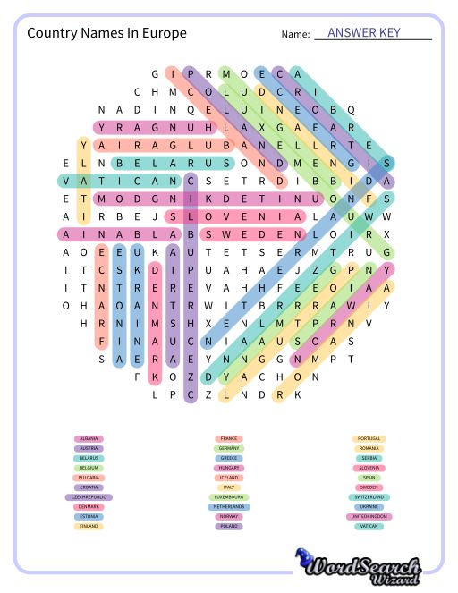 Country Names In Europe Word Search Puzzle