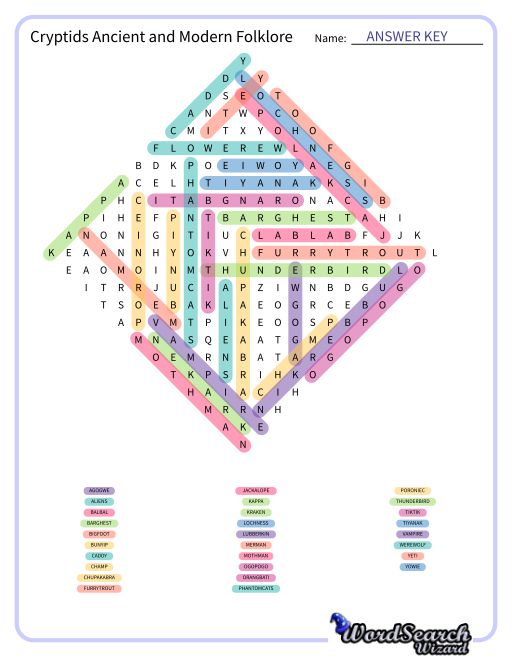 Cryptids Ancient and Modern Folklore Word Search Puzzle