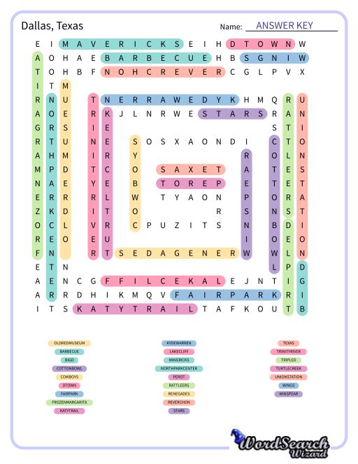 Dallas, Texas Word Search Puzzle