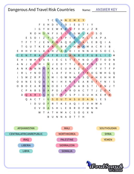 Dangerous And Travel Risk Countries Word Search Puzzle