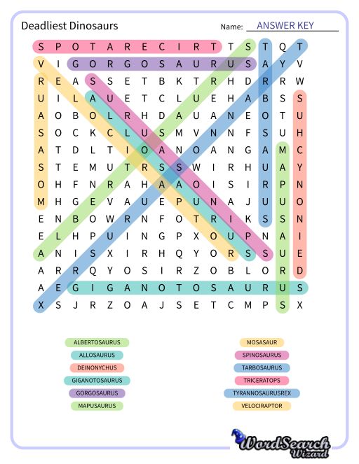 Deadliest Dinosaurs Word Search Puzzle