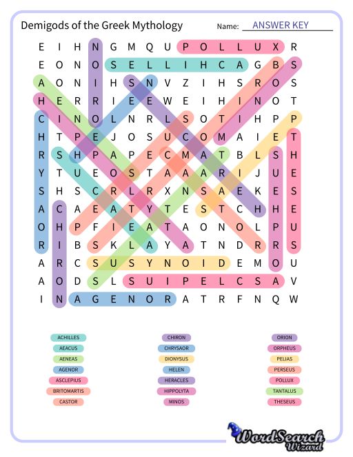 Demigods of the Greek Mythology Word Search Puzzle