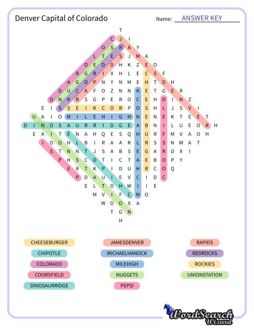 Denver Capital of Colorado Word Search Puzzle