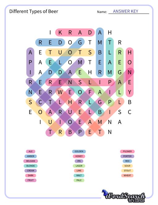 Different Types of Beer Word Search Puzzle