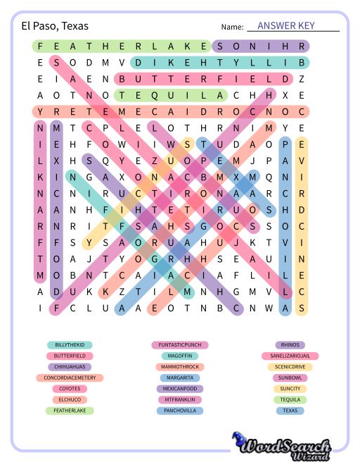 El Paso, Texas Word Search Puzzle